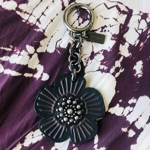 Coach Tea Rose Flower Leather Bag Charm Key Chain, Black / Purple